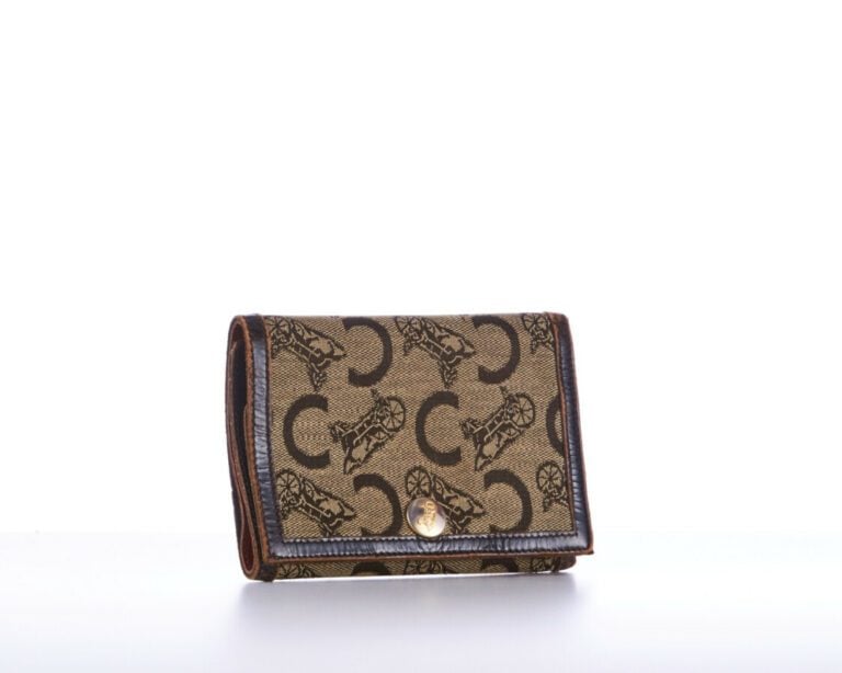 CELINE - 1970s/80s - PORTEFEUILLE en toile siglée et cuir - 15 x 11 cm - (patin…