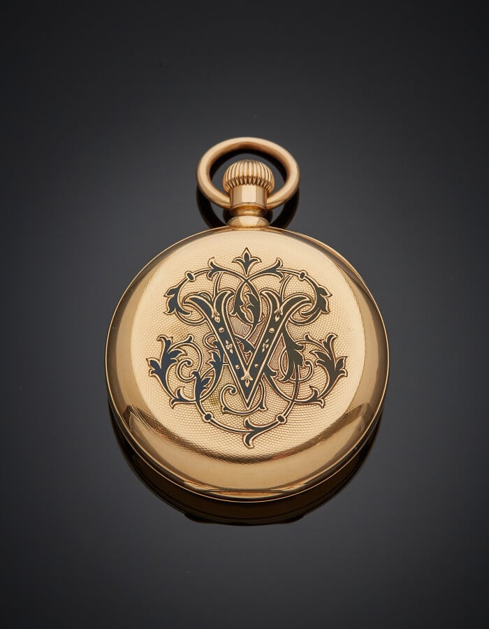 CHARLES OUDIN - MONTRE de POCHE en or rose (750) guilloché, orné d'un monogramm…