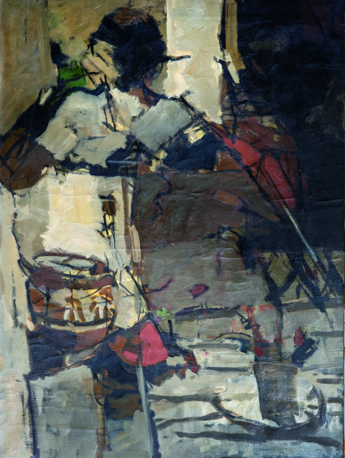 Chitrovanu MAZUMDAR (1956-) Atelier de l'artiste - Huile sur toile, annotation…