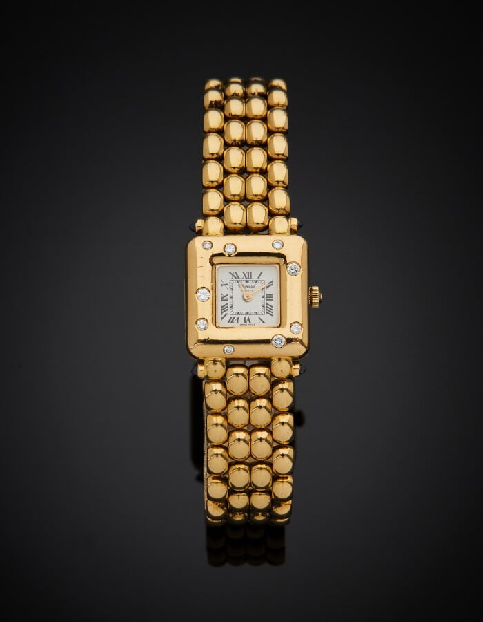 CHOPARD - BRACELET MONTRE carrée de dame en or jaune (750) 18. Lunette serti de…