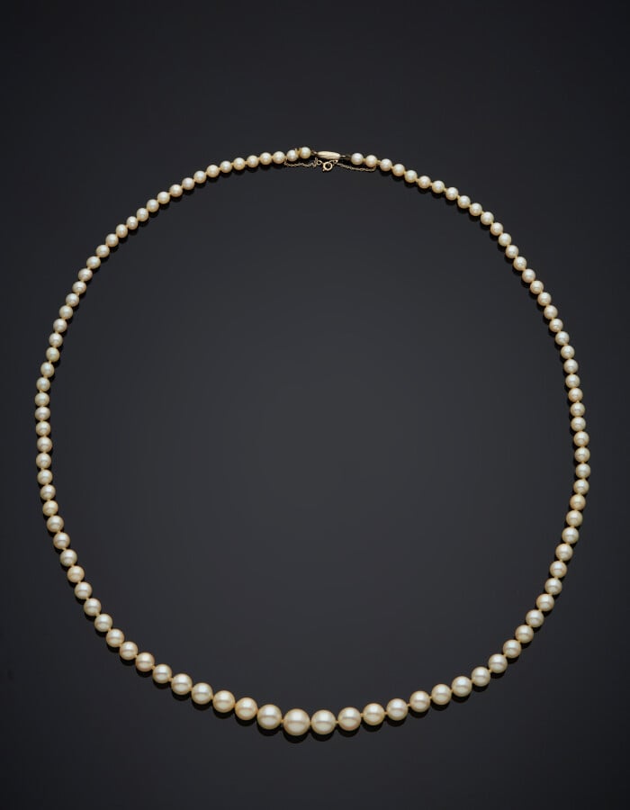 COLLIER composé d'un rang de perles de culture de couleur crème, en chute. Ferm…