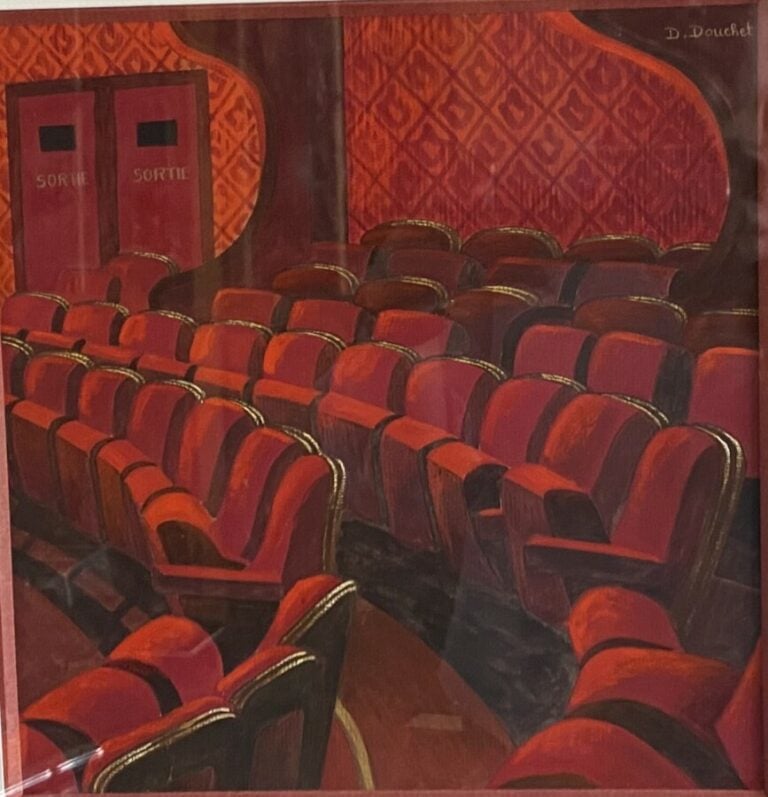 D. DOUCHET "Au théâtre" . Aquarelle et gouache, signée en haut à droite. 24 x 2…