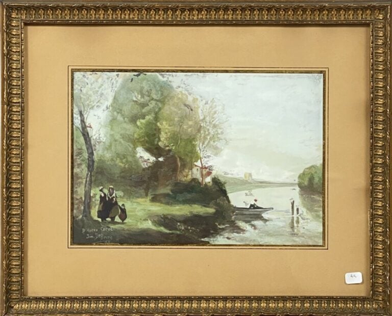 D'après COROT par de Beire - Paysage à la rivière. - Huile sur toile marouflée…