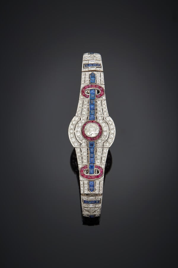 DIAFINI - BRACELET géométrique en or gris (750) articulé, ajouré, centré d'un d…