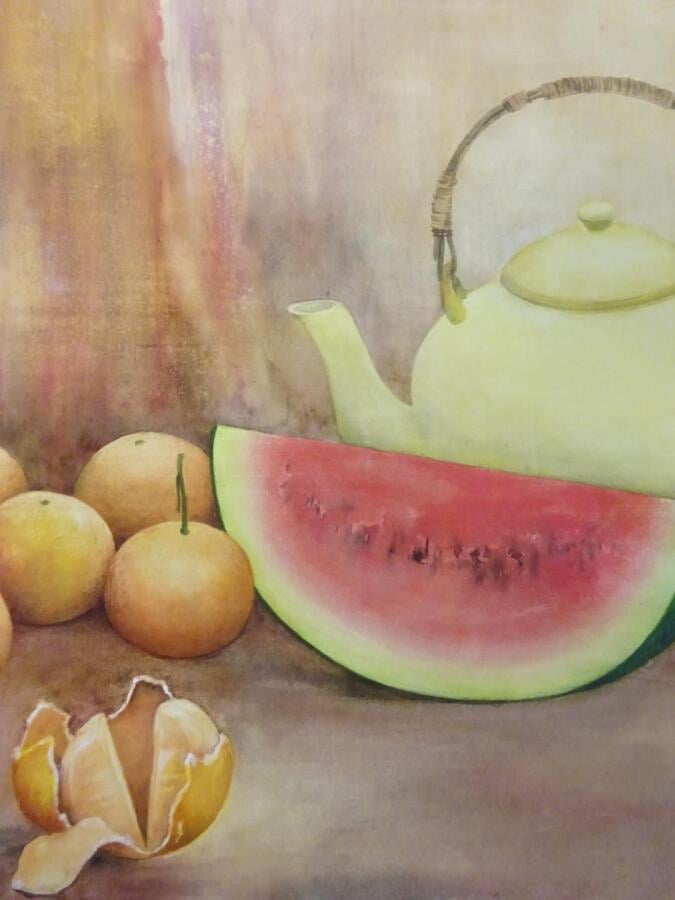 DINH THO (1931-) - Nature morte aux fruits. - Aquarelle sur soie, marouflée sur…