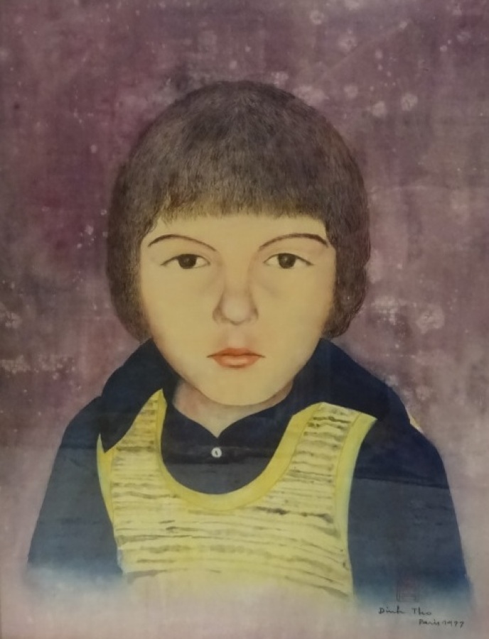 DINH THO (1931) - Portrait de jeune garçon vêtu d'un chandail jaune. - Aquarell…