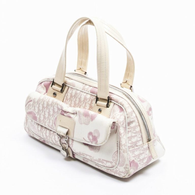 DIOR - 2004 - Sac - Bag - - Toile "Diorissimo" à fleurs rose, cuir ivoire - "Di…