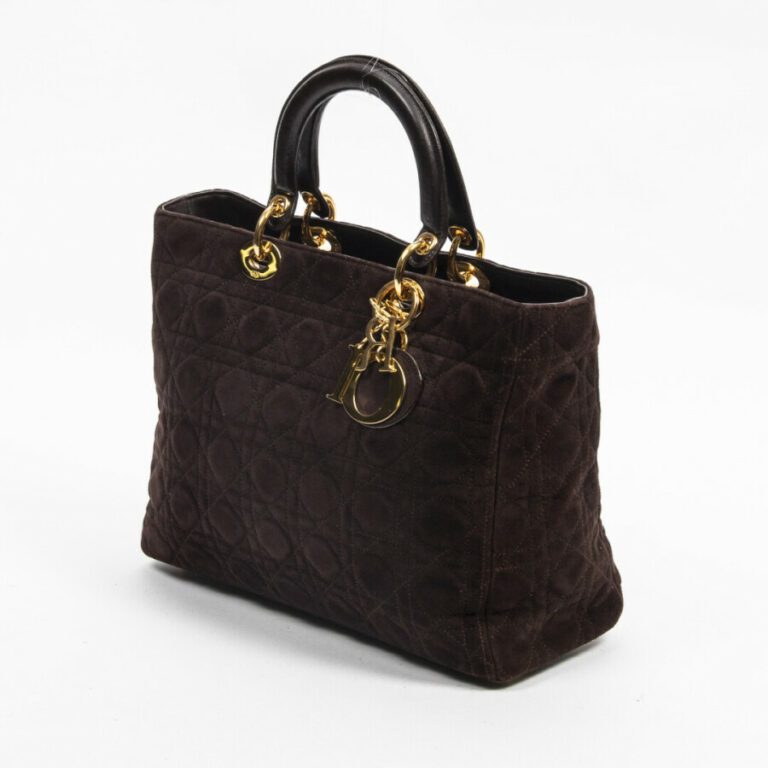 DIOR - Sac "Lady Dior" large - "Lady Dior" large bag - - Daim cannage marron, c…