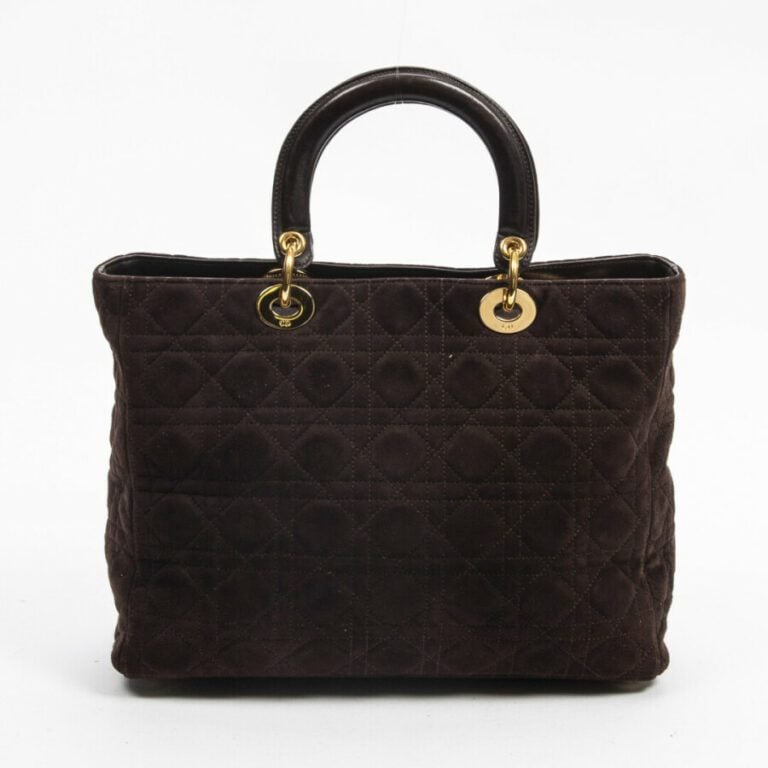 DIOR - Sac "Lady Dior" large - "Lady Dior" large bag - - Daim cannage marron, c…