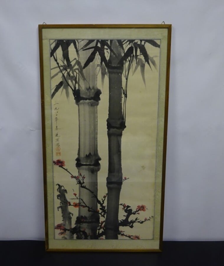 Ecole chinoise du XXème siècle - Bambous et Oiseaux sur des branchages - Aquare…