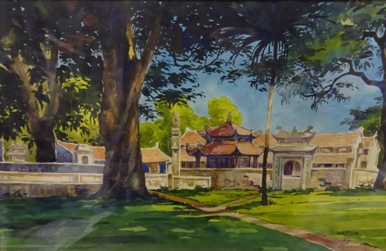 ÉCOLE CHINOISE - XXe siècle - Aquarelle sur papier, vue d'un temple à l'ombre d…