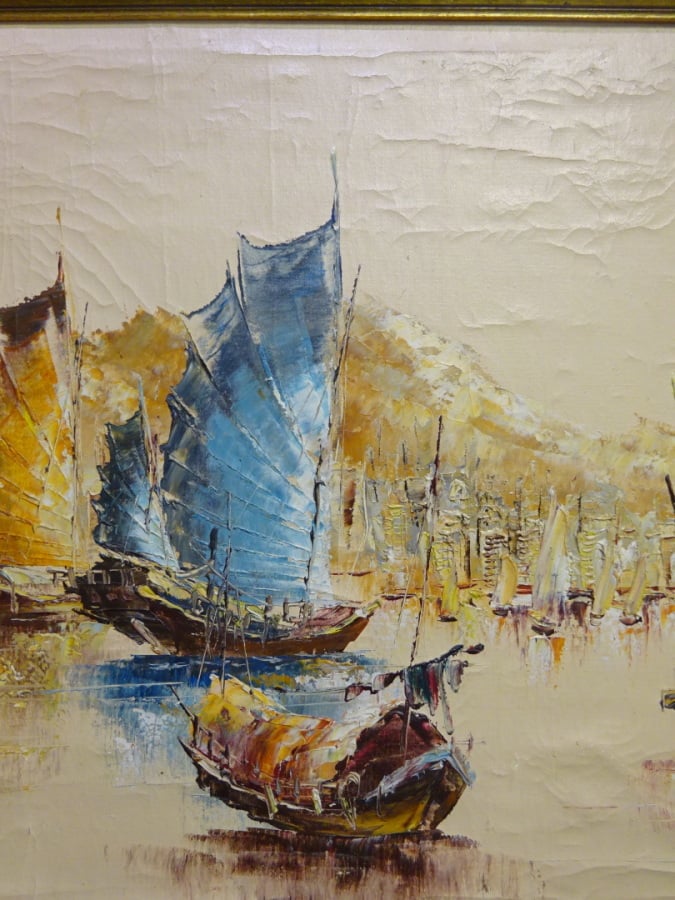 ECOLE DU XXe siècle - Asie Sud-Est - SAMPANS SUR LA BAIE DE HONG KONG - Huile s…