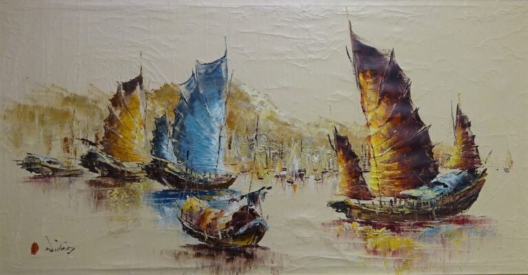 ECOLE DU XXe siècle - Asie Sud-Est - SAMPANS SUR LA BAIE DE HONG KONG - Huile s…