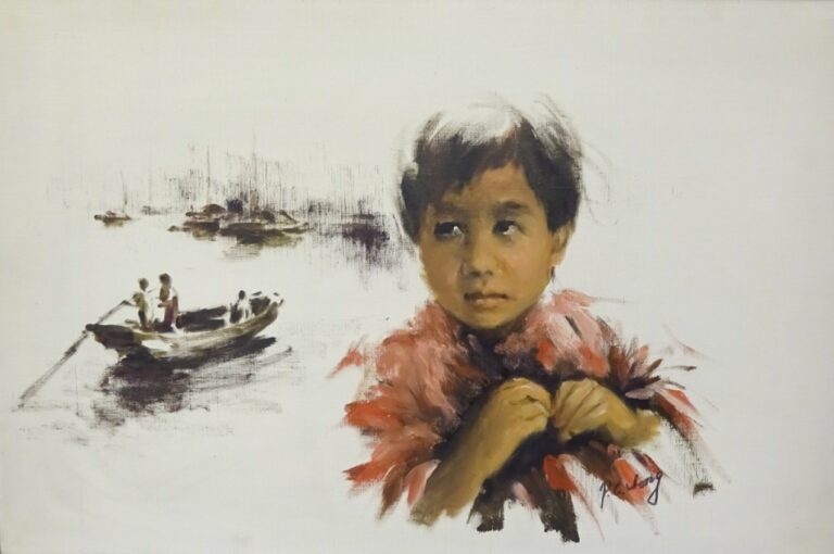 ÉCOLE VIETNAMIENNE - XXe siècle - Deux huiles sur toile, portraits d'enfants su…
