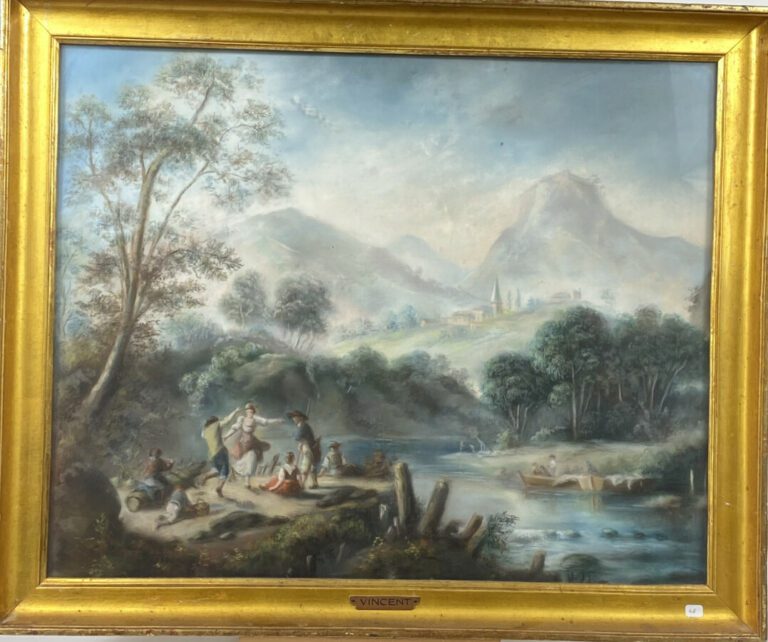 Ecole XIXème - Danse près d'une rivière avec paysage montagneux - Pastel sur ca…