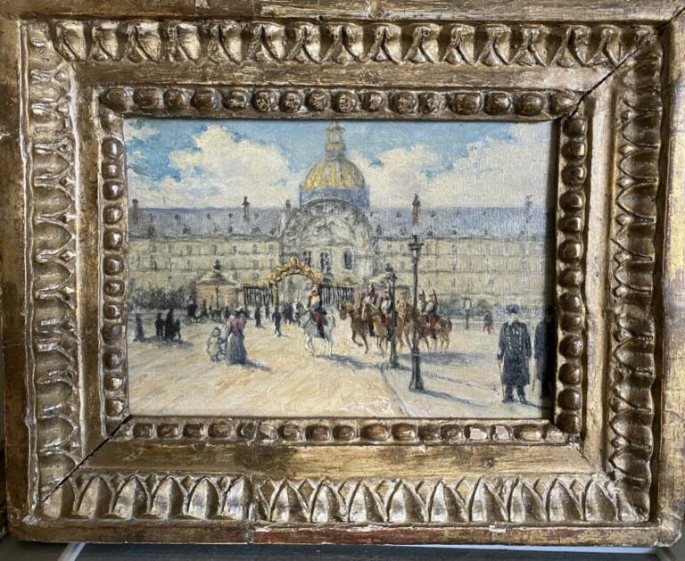 Ecole Xxème. Devant les Invalides. Huile sur panneau, non signée. 12 x 15 cm