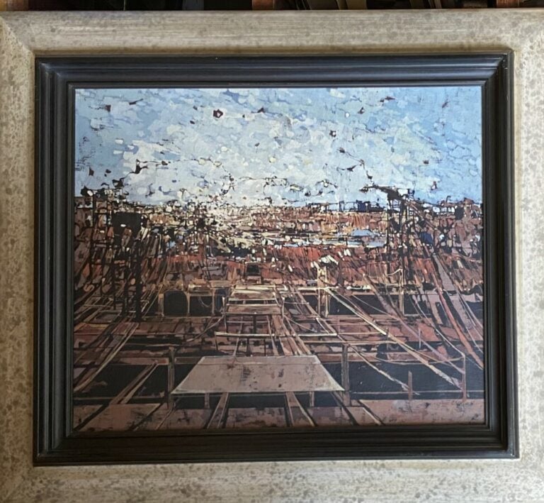 Ecole XXème. Le chantier. Huiles sur toile, non signée.56 x 46 cm