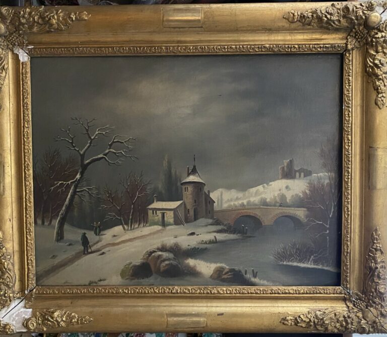 Ecole XXème - Paysage au pont sous la neige - Huile sur toile - 48 x 65 cm