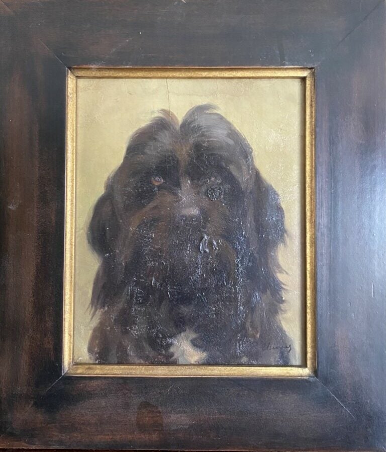 Emile THIVIER. "Chien noir". Huile sur panneu, signé en bas à droite et cachet…