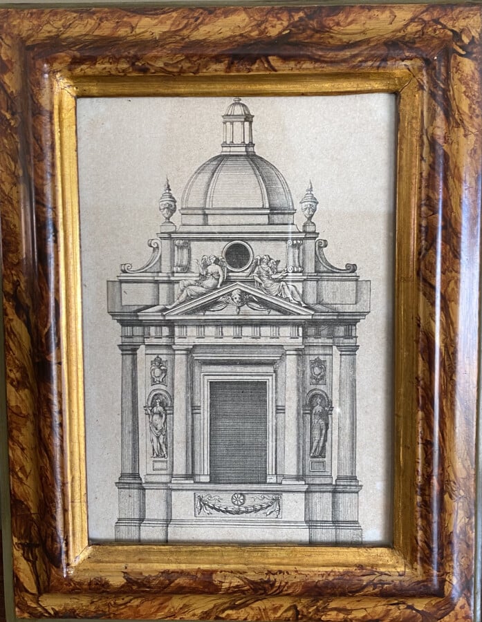 ensemble de trois pièces encadrées : "L'entrée"encre sépia, 20 x 12 cm, "Tabern…