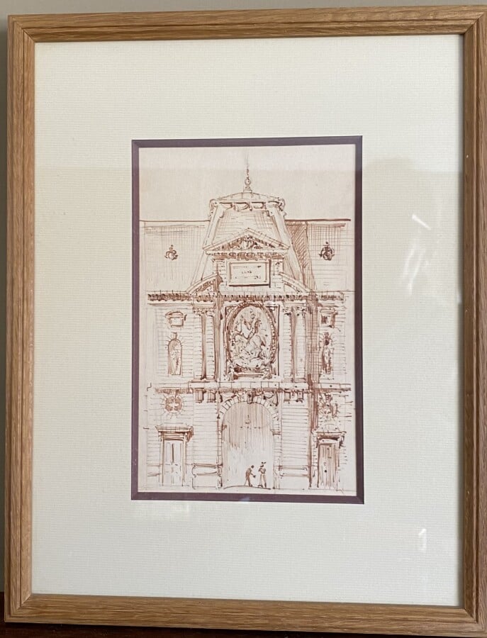 ensemble de trois pièces encadrées : "L'entrée"encre sépia, 20 x 12 cm, "Tabern…