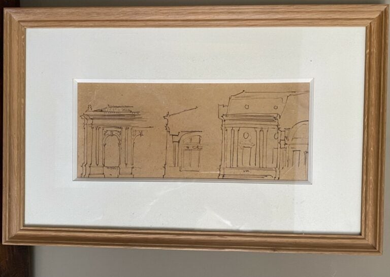 ensemble de trois pièces encadrées : "L'entrée"encre sépia, 20 x 12 cm, "Tabern…