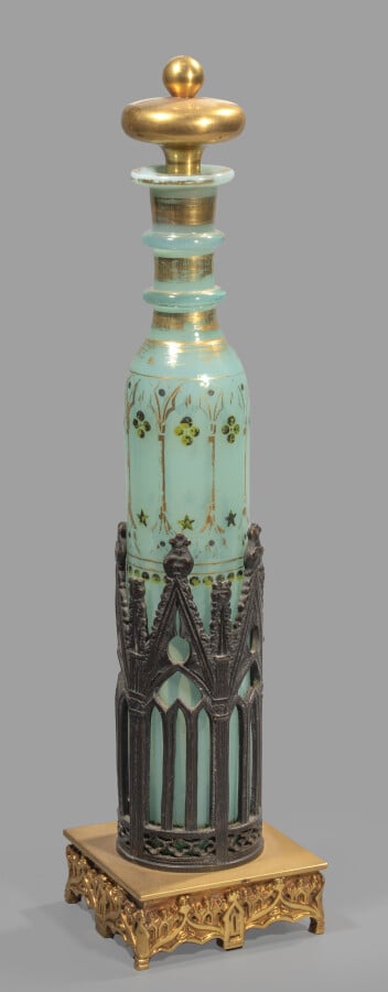 Flacon à eau de mélisse en opaline de cristal vert jade à deux cordons de col e…