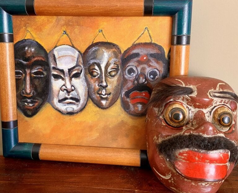 GRAND'A "Au musée. Huile sur toile. Non signée . 20 x 30 cm on joint "Les masqu…