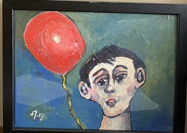 GRAND'A. Huile sur toile "Composition" et huile sur papier "Enfant au ballon ro…