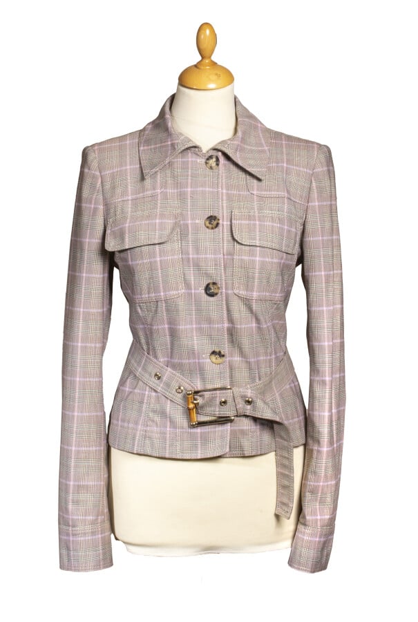 GUCCI - - Veste courte en laine imprimée tartan à effet trench-coat, boutonnage…