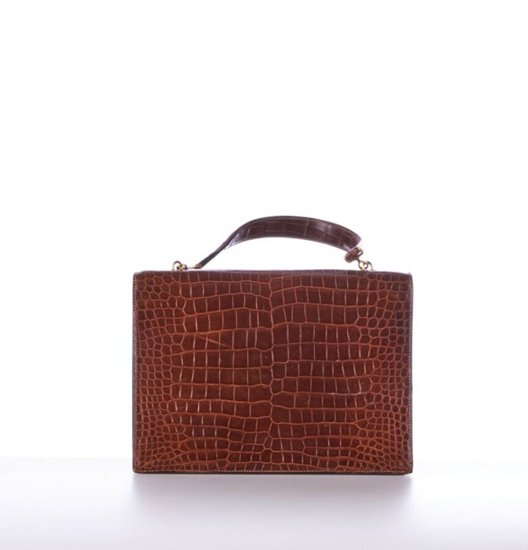 HERMÈS - 1960s - SAC "Palonnier" en crocodile d'estuaire cognac (Crocodylus por…