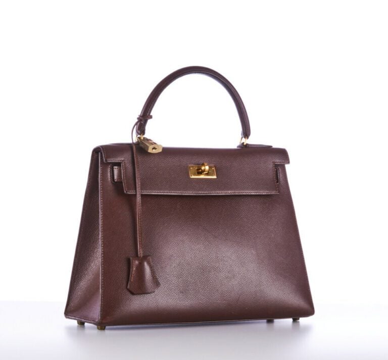 HERMÈS - 1992 - SAC "Kelly" 28 cm en veau Courchevel chocolat au lait, garnitur…
