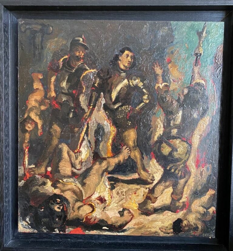 HEUZE. Scène historique. Huile sur panneau, signée en bas à droite. 29.5 x 27.5…