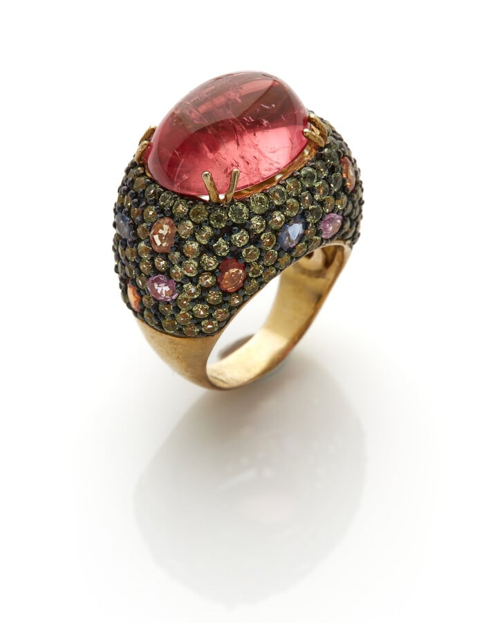Importante BAGUE en vermeil (925) surmontée d'une tourmaline rose (rubellite) c…