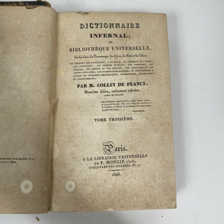 Jacques COLLIN DE PLANCY. Dictionnaire infernal. Volumes 1, 3 et 4. 1826. Libra…