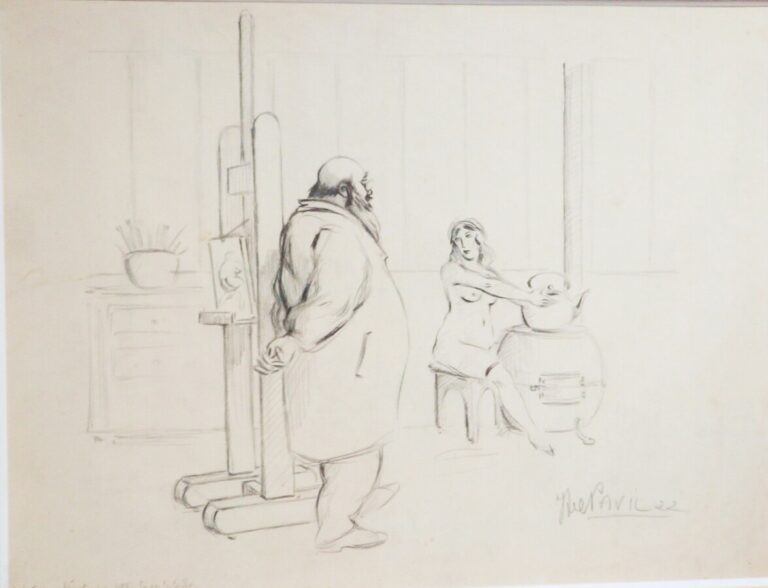 Julien PAVIL (1897-1952) - Dans l'atelier de peintre, 1922 - Fusain sur papier,…