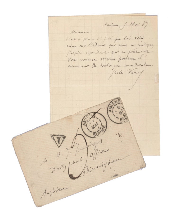 Lettre de Jules Verne avec son enveloppe au bureau du Daily Mail de Birmingham.…