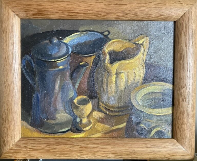 LICHU (rue de Lappe). Nature-morte à la cafetière bleue. Huile sur toile, signé…