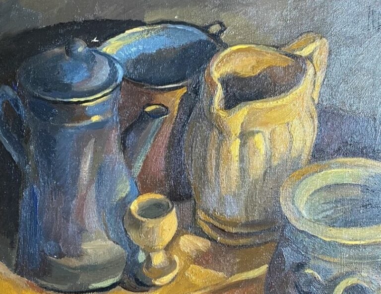LICHU (rue de Lappe). Nature-morte à la cafetière bleue. Huile sur toile, signé…
