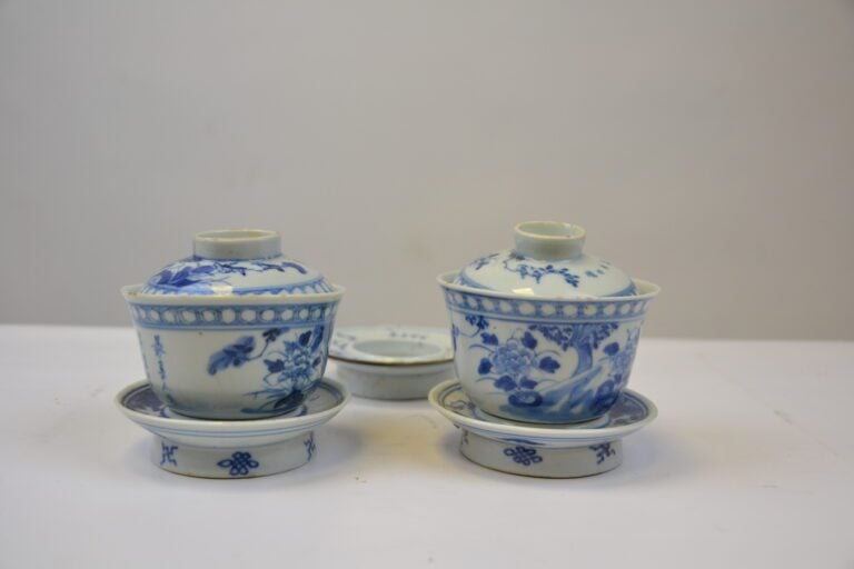 LOT DE DEUX (2) BOLS COUVERTS EN CERAMIQUE BLEU BLANC - Chine, - A décor de pay…