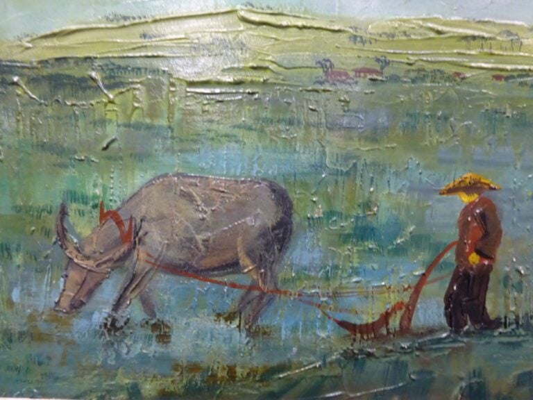 MARA TRAN LONG (1935) - Scène paysanne - Huile sur carton - Signé en bas à droi…