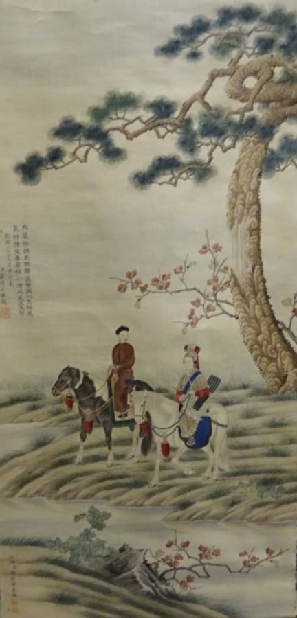 PEINTURE SUR SOIE - Chine - Princesse et son précepteur - Cachet signé en bas à…