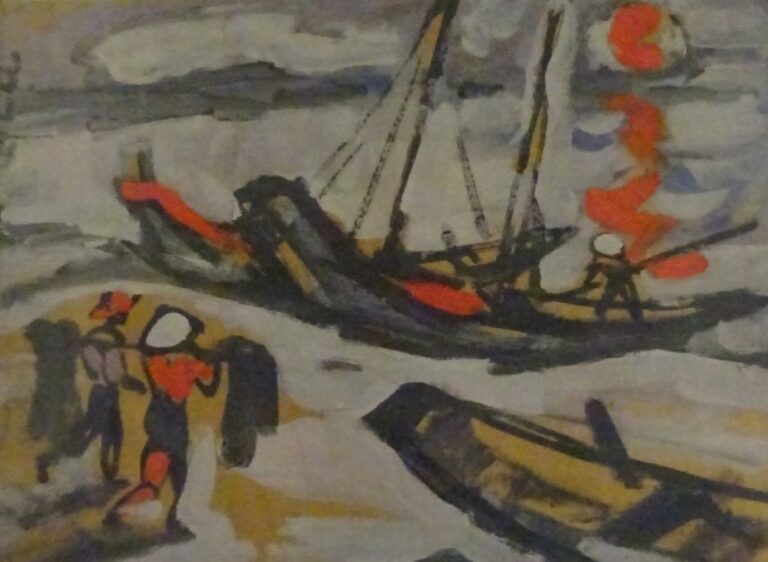 PHAM LUC - Pêcheurs apportant leurs filets près des bateaux sur la grève. - Hui…