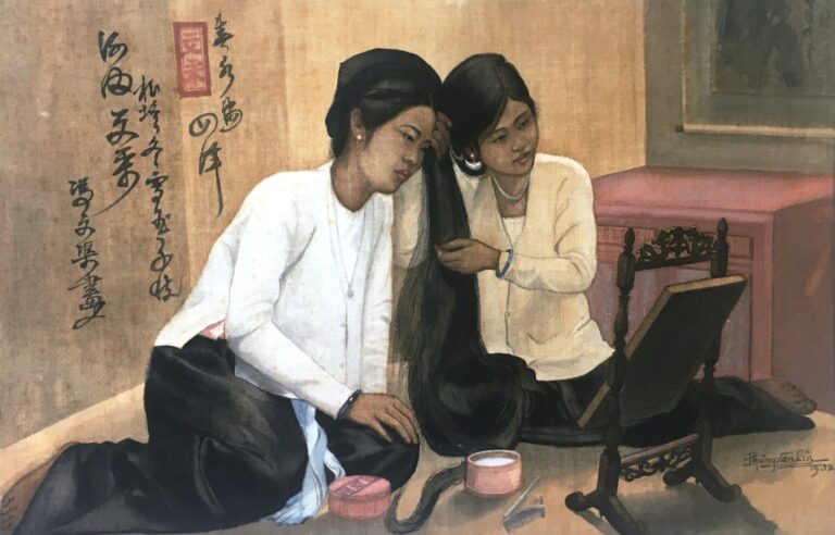 PHUNG VAN CUN (XXe) - Deux jeunes femmes peignant leurs longs cheveux. - Encre…