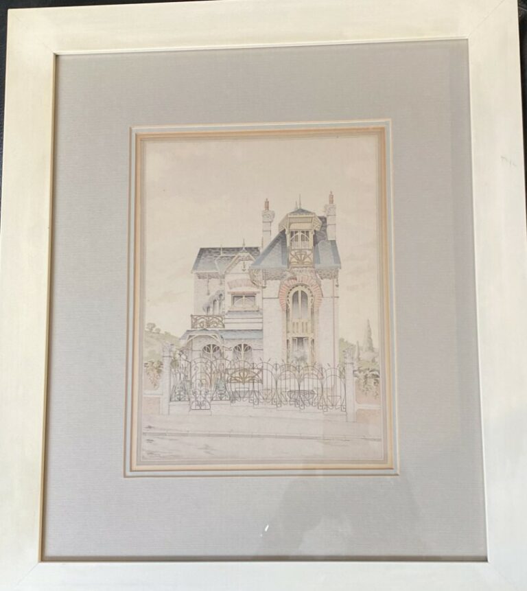 Pièce encadrée "Villa art nouveau", 25 x 20 cm + Marton TAKATS ""Paysage,10 x 2…