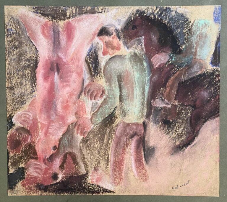 Pierre TAL COAT (1905-1985) - Scène de boucherie - Pastel sur papier appliqué s…