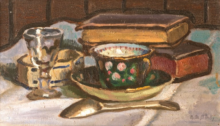 René Liénard de SAINT DELIS (1873-1958) Nature morte - Huile sur panneau, cache…