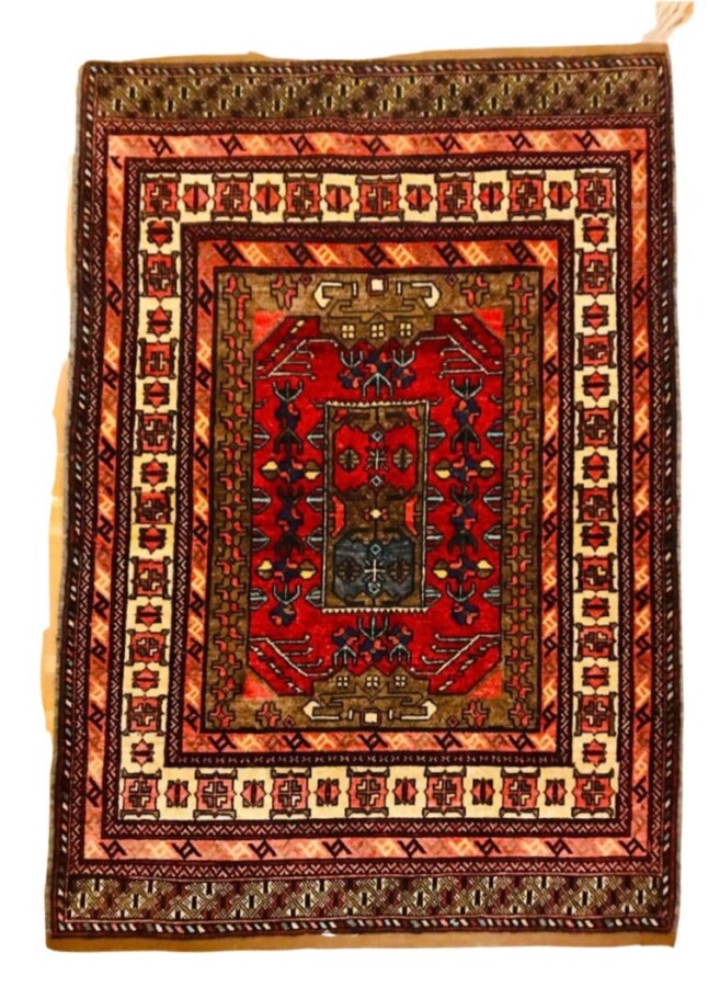 Tapis Turc en soie à motifs géométriques à fond rouge - 120x83cm