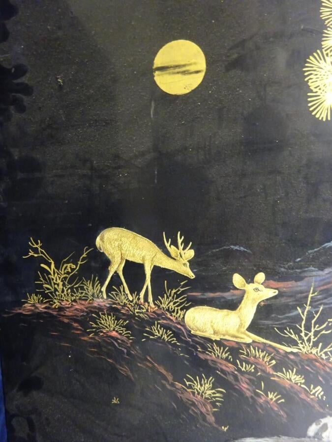 THANH LAP (?) - Vietnam - Les biches au clair de lune - Panneau de bois laqué -…