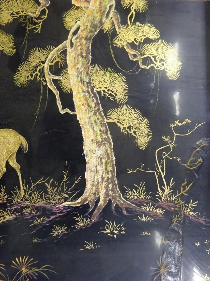 THANH LAP (?) - Vietnam - Les biches au clair de lune - Panneau de bois laqué -…